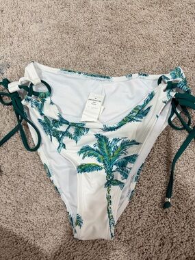 Amazon White Bikini Bottoms with Green Palm Print and Teal Side Ties